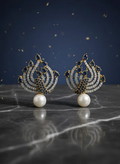 Blue pearl drop peacock motif stud earings