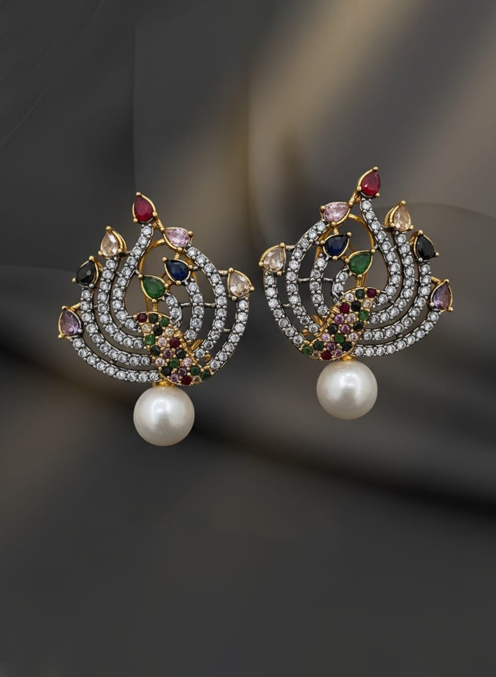 Pearl Drop Peacock Motif Stud Earings