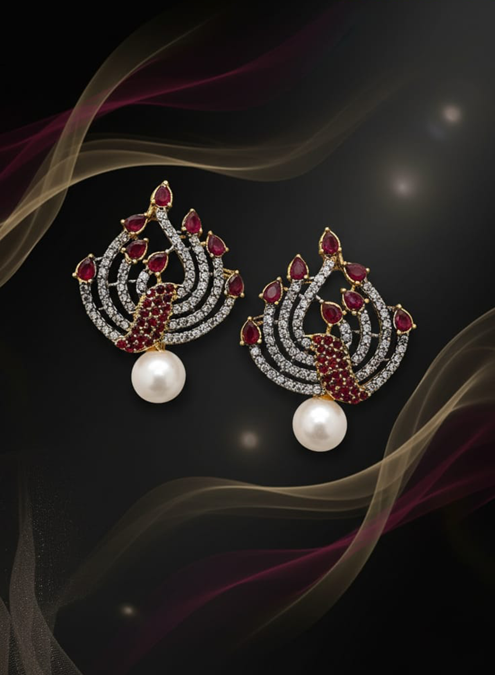 Ruby radiance pearl drop motif stud earrings