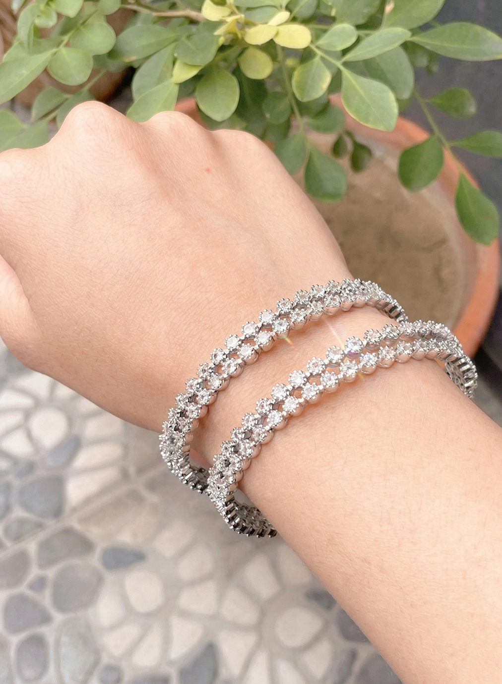Silver  White Stones  Set of 4 Bangles